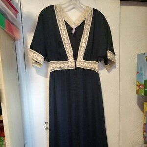 Long Navy Blue Dress with Cream-colored Lace Trim